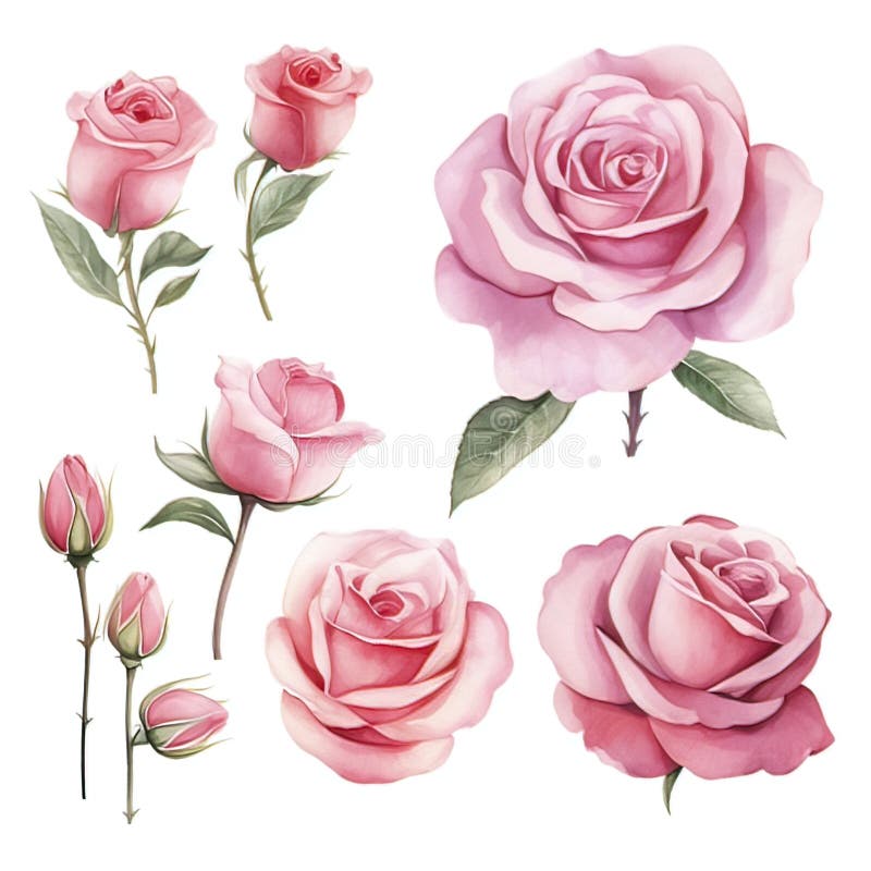 Watercolor Pink Rose Clipart - Generative Ai Stock Illustration ...