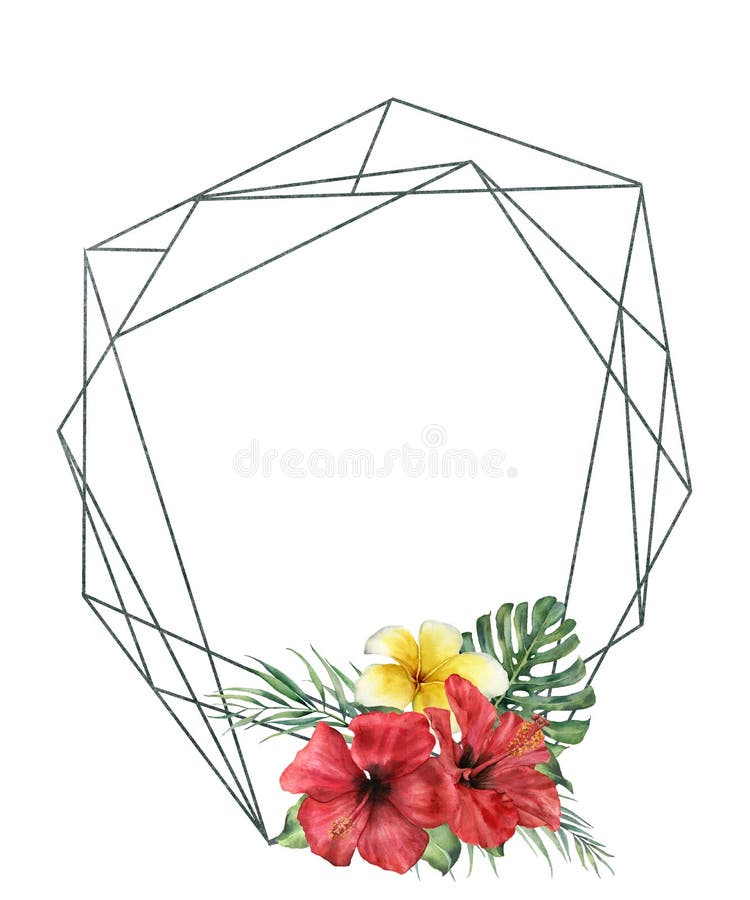 Watercolor polygonal frame with hibidcus bouquet. Hand drawn modern floral label with palm leaves and branches, plumeria vector illustration