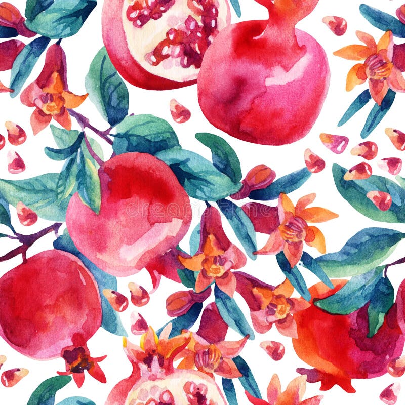 Watercolor pomegranate bloom branches and fruit seamless pattern. Pomegranate fruit, berries and flower on white background. Hand painted illustration