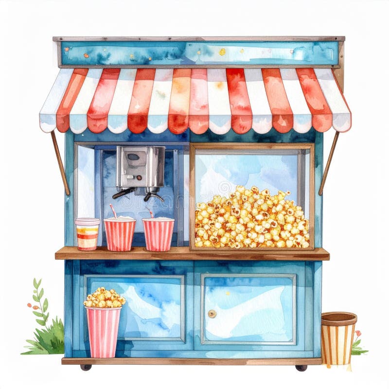 Watercolor Popcorn Stand with Striped Awning royalty free illustration