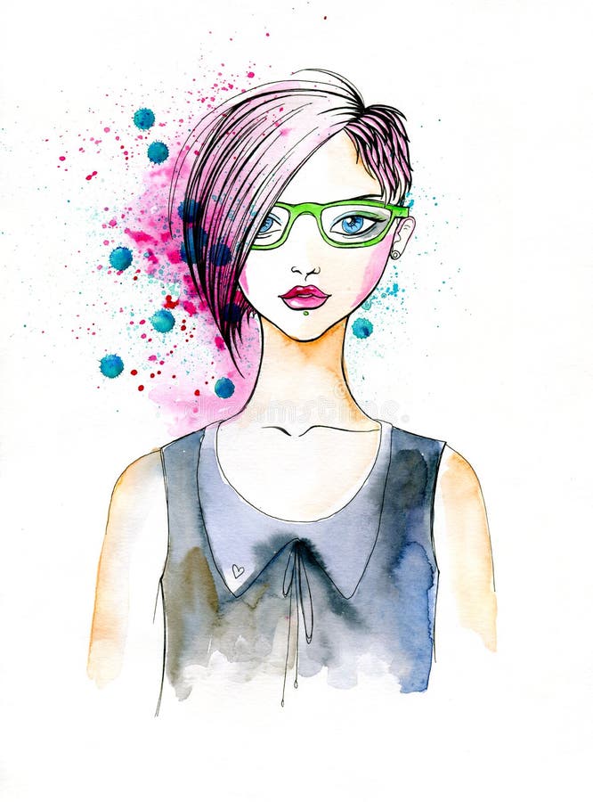 Watercolor Portrait Of Hipster Girl Stock Illustration 