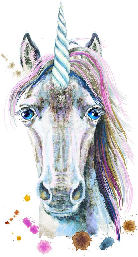 Watercolor Portrait Of A White Unicorn With A Pink Mane Stock