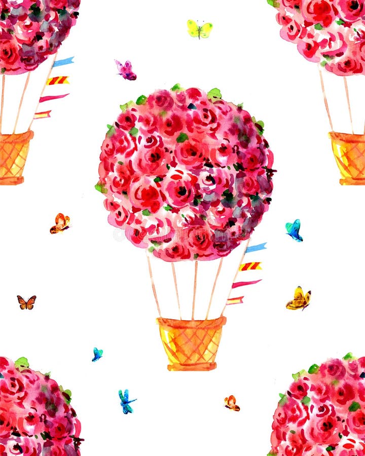 Watercolor print with red balloons, roses, red balloon, watercolor stains and butterflies. Seamless background royalty free illustration Watercolor print with red balloons, roses, red balloon, watercolor stains and butterflies. Seamless background royalty free illustration