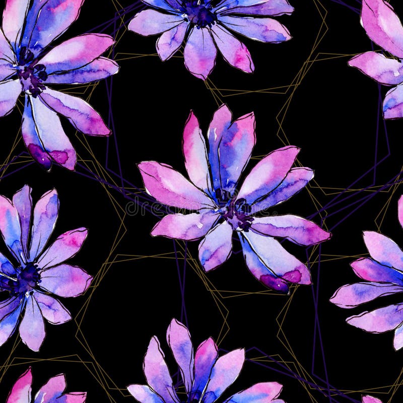 Watercolor purple african daisy. Floral botanical flower. Seamless background pattern. Fabric wallpaper print texture. Aquarelle wildflower for background, texture, wrapper pattern, frame or border.