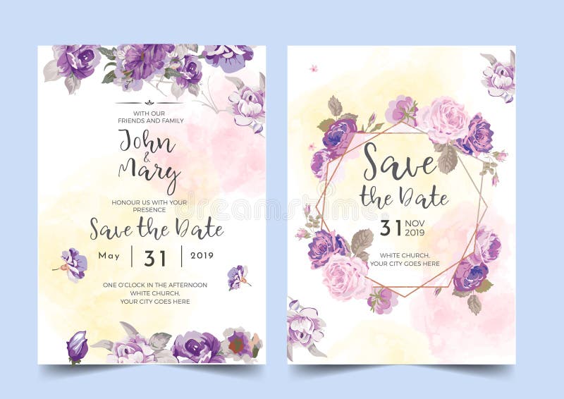 Watercolor purple rose floral composition layout template invitation