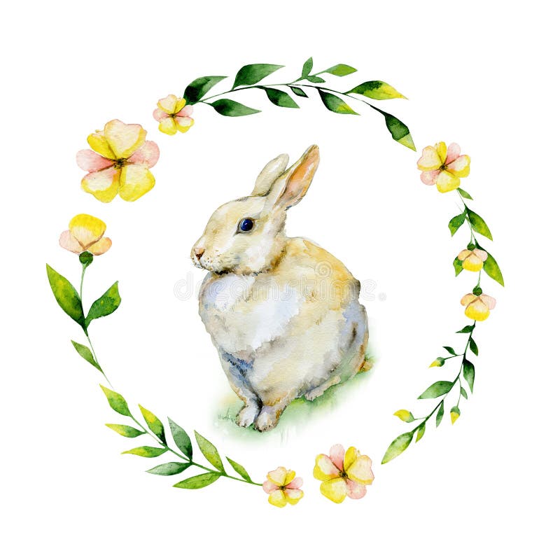 Watercolor rabbit sitting on grass with yellow flower and herbs wreath.