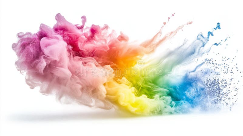 A watercolor rainbow, with translucent hues and a misty effect, floating in the upper-left corner of the canvas stock photography