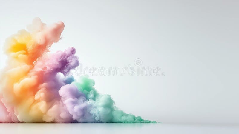 A watercolor rainbow, with translucent hues and a misty effect, floating in the upper-left corner of the canvas royalty free stock photo