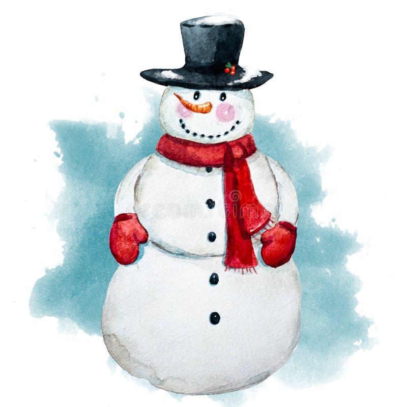 Watercolor raster hand drawn snowman