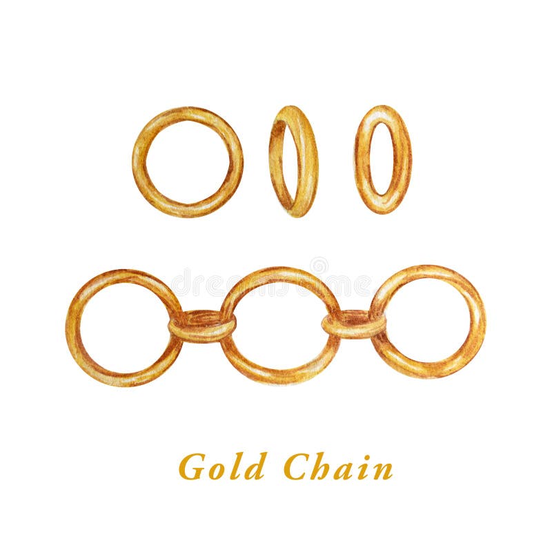 Watercolor realistic Golden Chain Collection - Line, Link and Ring for jewelry making. Isolated on white background royalty free illustration Watercolor realistic Golden Chain Collection - Line, Link and Ring for jewelry making. Isolated on white background royalty free illustration