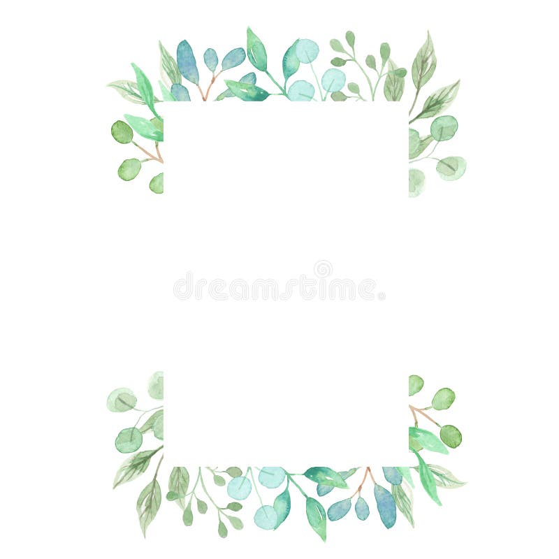 Watercolor Rectangle Green Wreath Frame Leaves Wedding Spring Summer Garland Olive stock illustration
