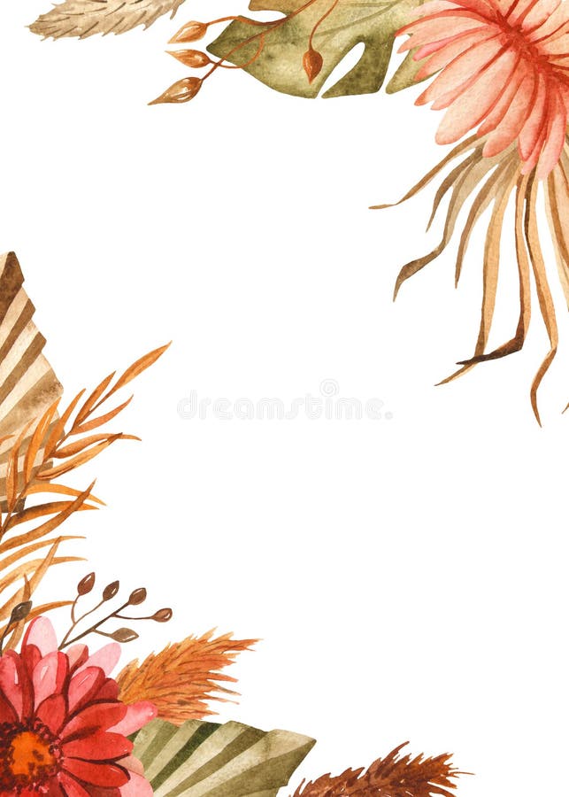 Watercolor rectangular frame with dried flowers, palm leaves, flowers, pampas royalty free illustration