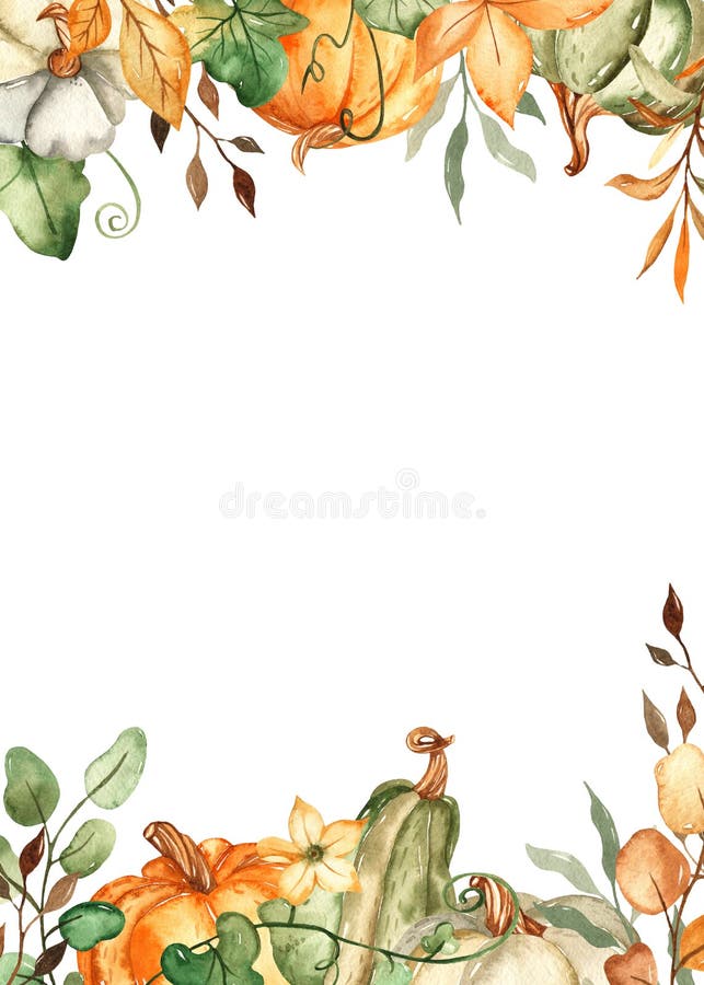 Watercolor rectangular frame with pumpkins, autumn leaves, flowers vector illustration