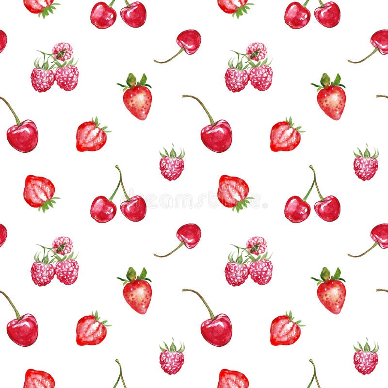 Watercolor red berries seamless pattern on white background. Fresh summer fruits print. Strawberries, cherry, rasberry