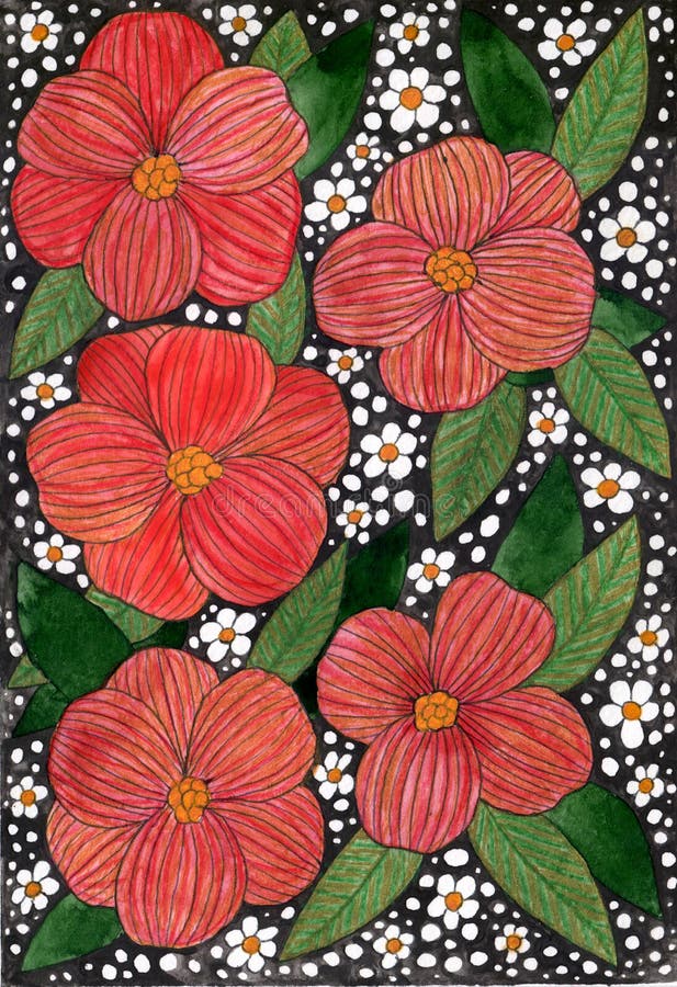 Watercolor Red Flower and Green Leaves Stock Illustration