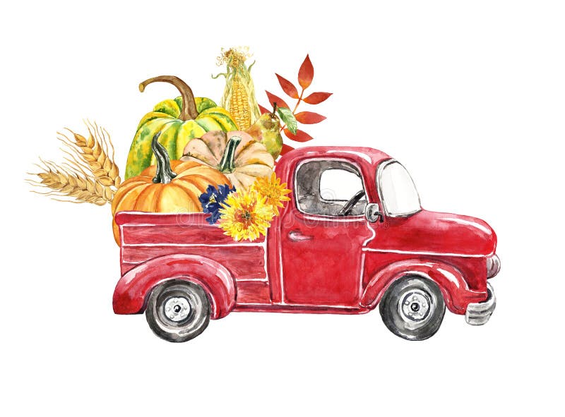 Watercolor red harvest truck with autumn seasonal vegetables and fruits, isolated. Hand painted cartoon abstract retro car