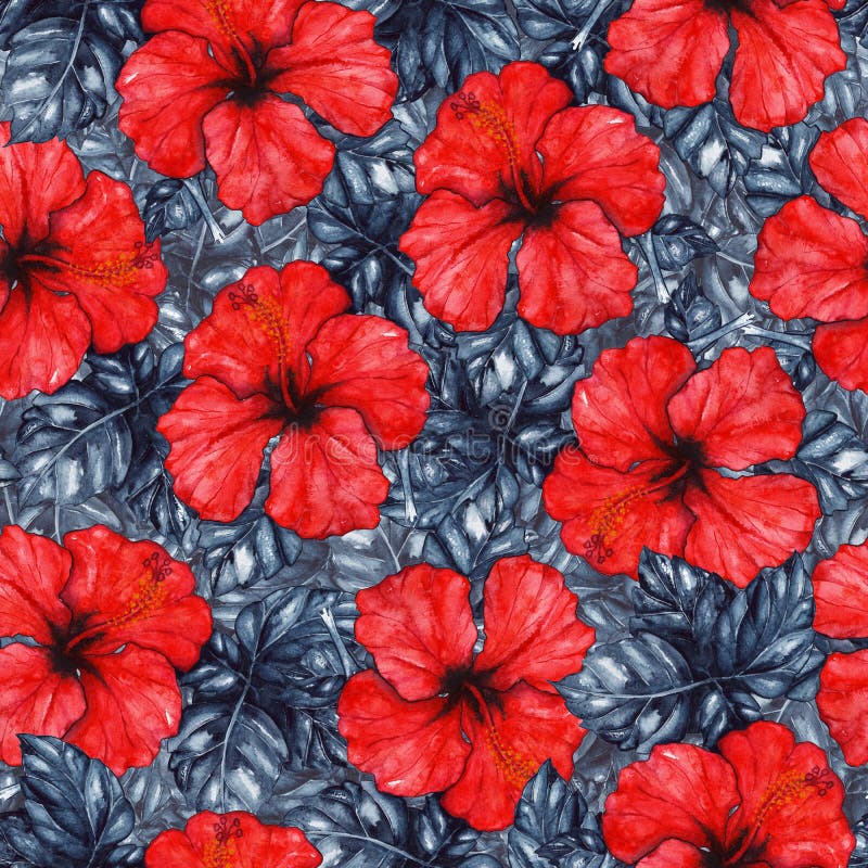 Watercolor Red Hibiscus Karkade Tropical Exotic Flower Plant Seamless Pattern