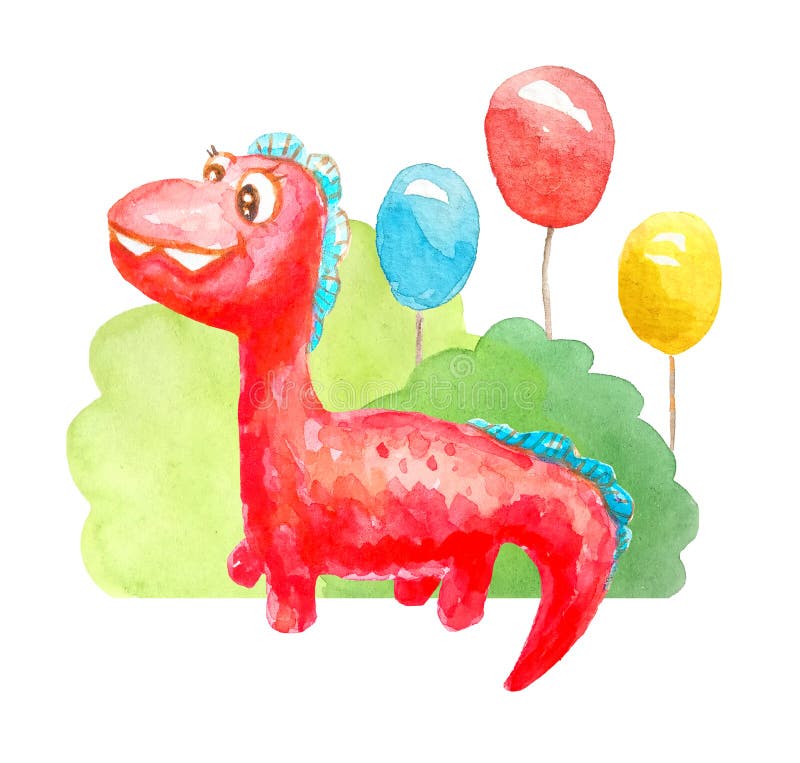 Watercolor red kind cartoon  dinosaur congratulates, invites, smiles and is affable on the background of three gel balls and green bushes isolated for celebration Day of Museum