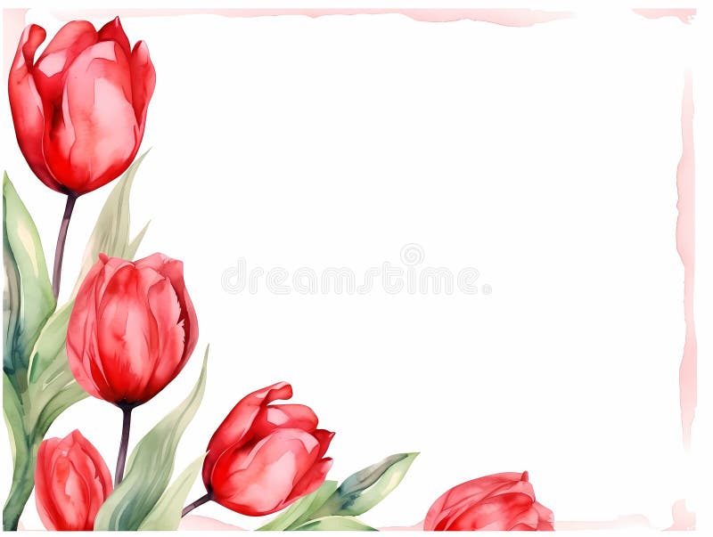 A close-up of vibrant red tulips with a watercolor effect,their petals delicately curved and their leaves lightly tinged with green. A close-up of vibrant red tulips with a watercolor effect,their petals delicately curved and their leaves lightly tinged with green