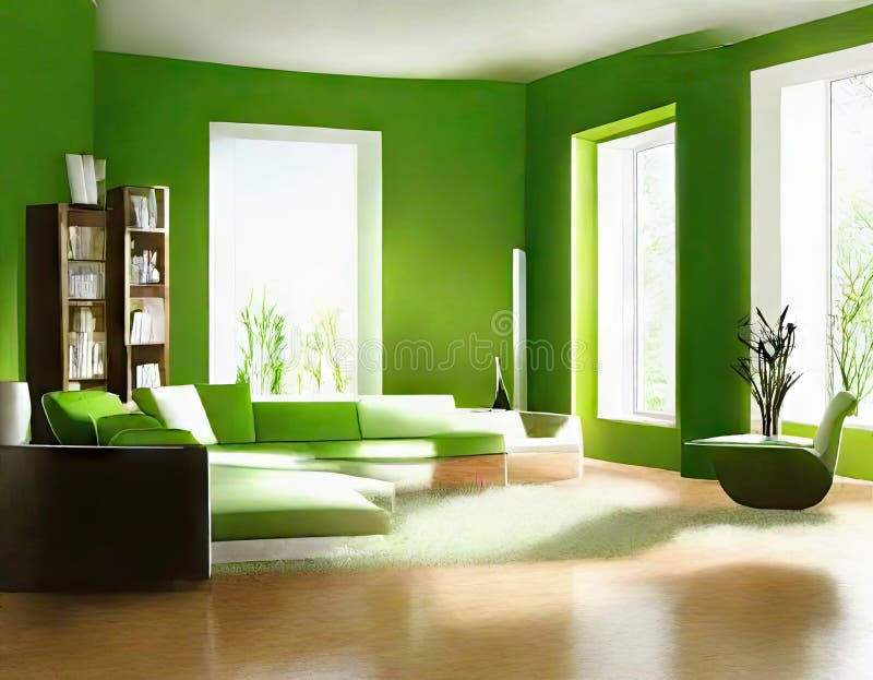 Watercolor of Refreshing Green Living Room with Modern AI Stock