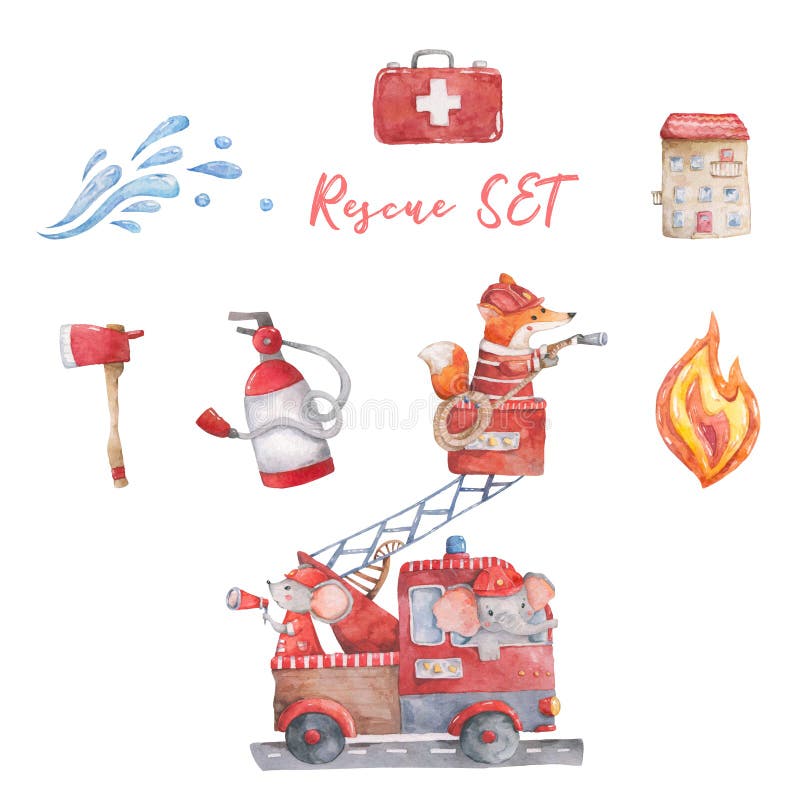 Watercolor rescue kit. Little Heroes the fire rescue funny cartoon, hand drawn colorful illustration on white background. Cute