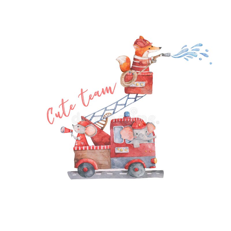 Watercolor rescue kit. Little Heroes the fire rescue funny cartoon, hand drawn colorful illustration on white background. Cute