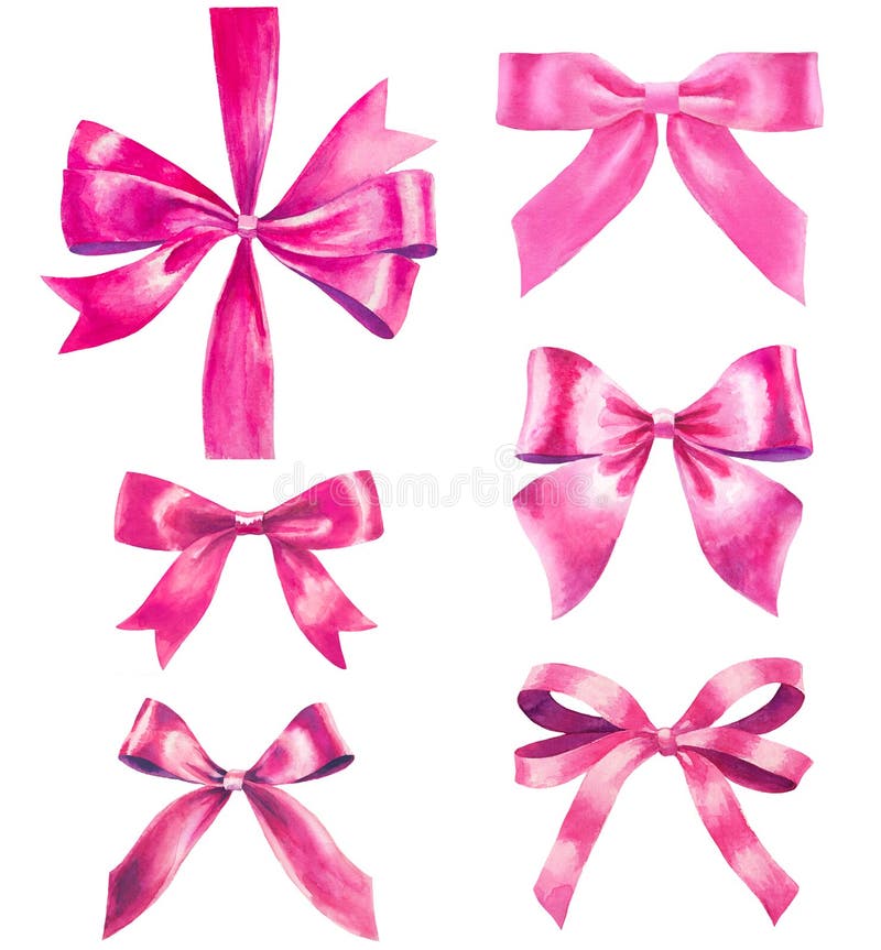 Watercolor Ribbon Bows Set Isolated on White. Pink Silk Bows Knots As Event  Decorative Design Elements. Hand-drawn Stock Illustration - Illustration of  decorative, element: 190363432