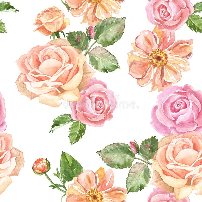 Watercolor roses seamless pattern in vintage style. Pastel pink garden flowers on white background. Bright and romantic print