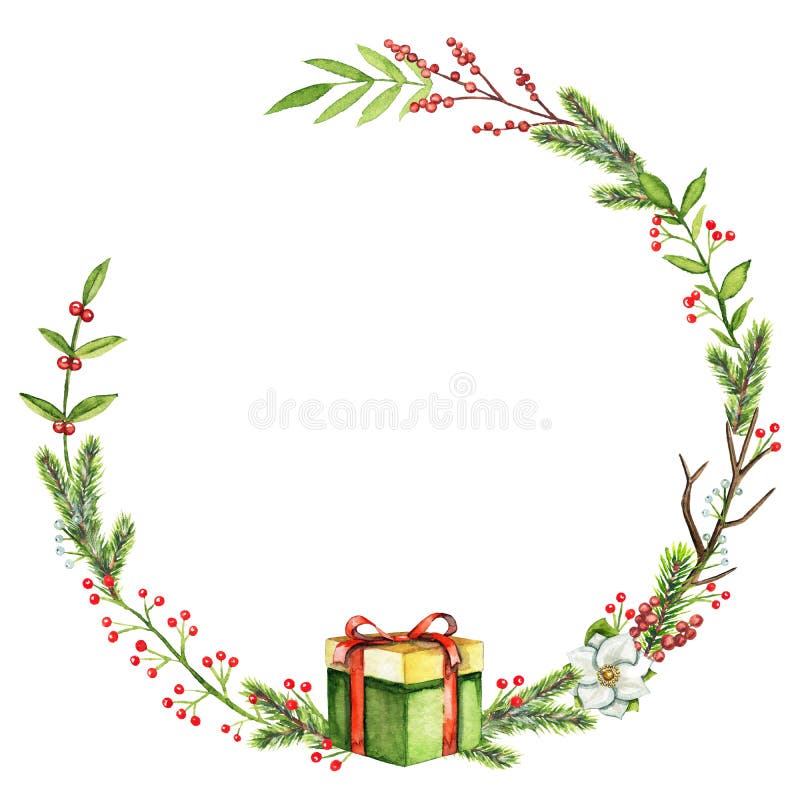 Watercolor round frame with berries, twigs, gift box, leaves and stock illustration Watercolor round frame with berries, twigs, gift box, leaves and stock illustration
