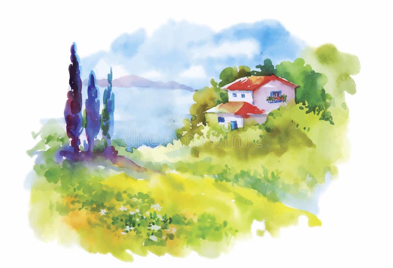 Watercolor rural village in green summer day illustration vector illustration Watercolor rural village in green summer day illustration vector illustration
