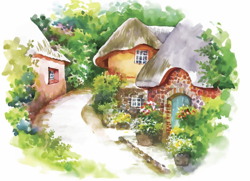 Watercolor rural village in green summer day illustration stock illustration Watercolor rural village in green summer day illustration stock illustration