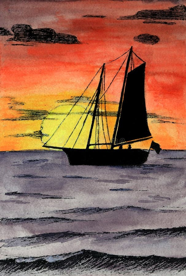 Watercolor sailboat on ocean sunset