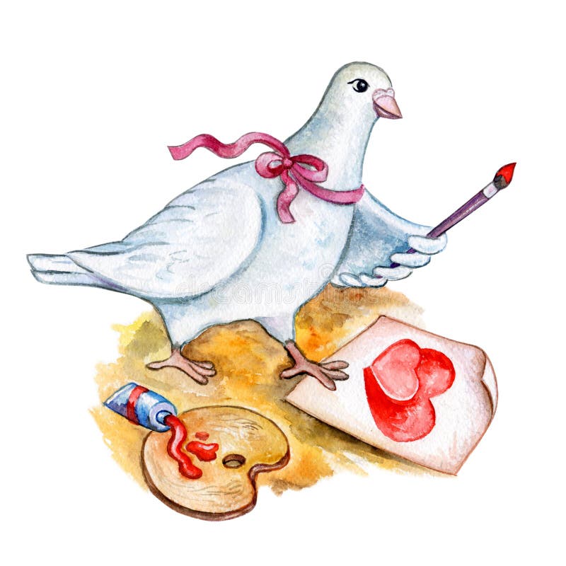 Watercolor Saint Valentines greeting card template for web, print. White cartoon style dove drawing two red hearts with paint. vector illustration Watercolor Saint Valentines greeting card template for web, print. White cartoon style dove drawing two red hearts with paint. vector illustration