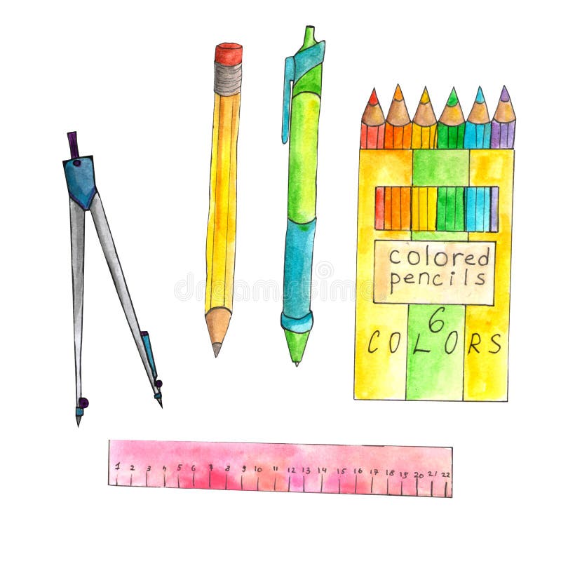 Watercolor School Set With Divider, Colorful Pencils, Ruler, Yellow Pencil And Pen On White Background. Stock Illustration - Illustration Of Background, Divider: 155266554