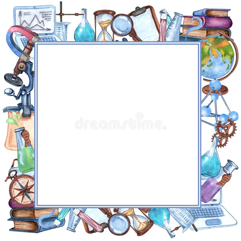 Watercolor Science Frame of Laboratpry Equipment, Microscope ...