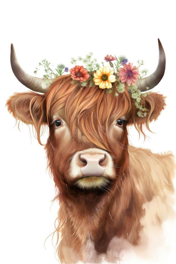 Watercolor Scottish highland cow Generative AI
