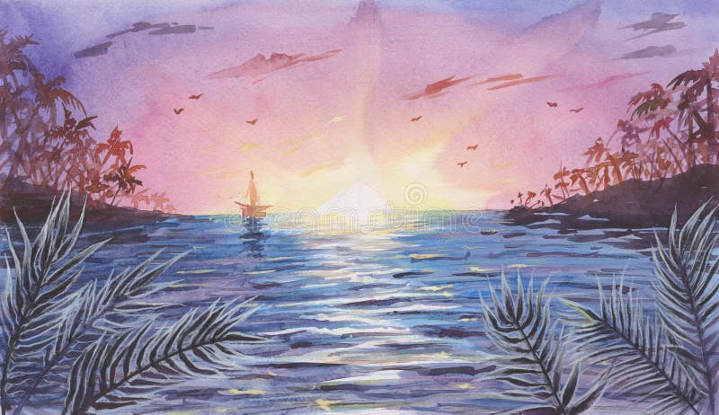 Watercolor Sea / Ocean Landscape with Sunset / Sunrise stock illustration Watercolor Sea / Ocean Landscape with Sunset / Sunrise stock illustration
