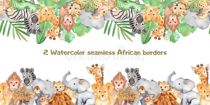Watercolor seamless border with cute cartoon animals of Africa.