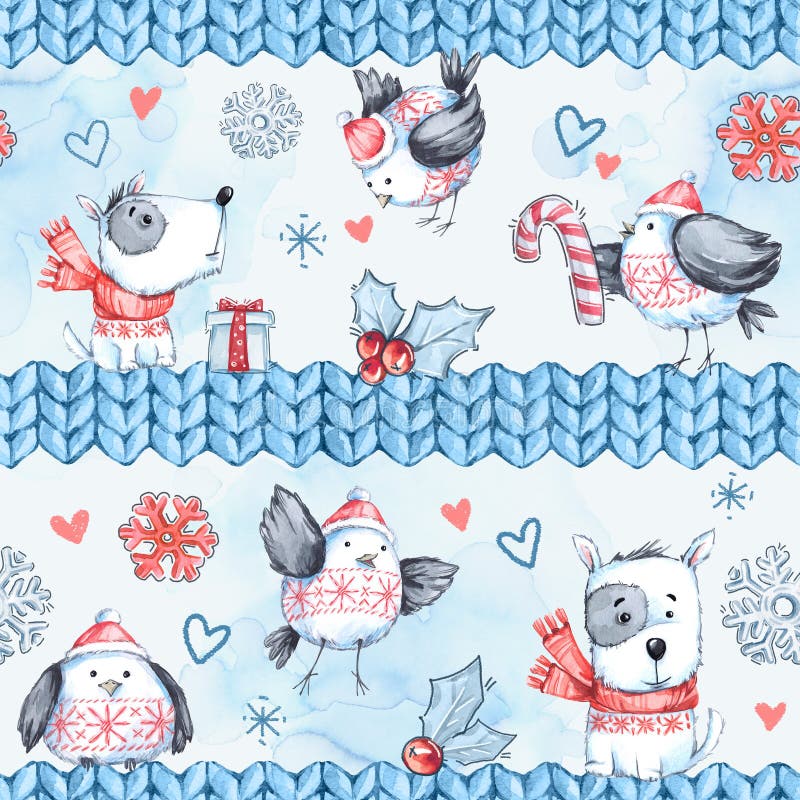 Watercolor seamless greeting pattern with cute flying birds, dogs and knitted borders. New Year. Celebration stock illustration Watercolor seamless greeting pattern with cute flying birds, dogs and knitted borders. New Year. Celebration stock illustration