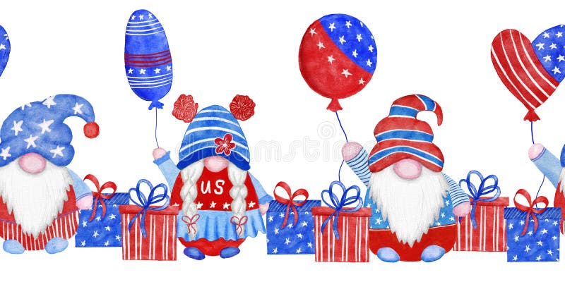 Watercolor seamless hand drawn horizontal border with 4th of July gnomes, Forth of july patriotic American design with nordic gnomes in blue red white hats balloons gifts. US celebration print