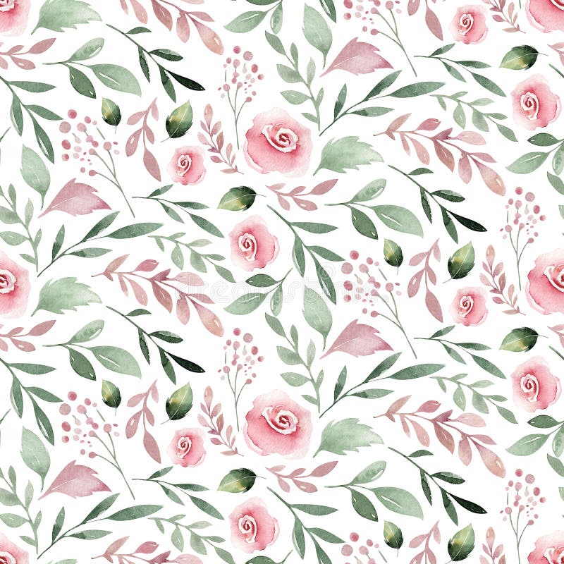Watercolor Seamless Hand Illustrated Floral Pattern with Floral Leaf and  Pink Flowers. Watercolor Boho Spring Wallpaper Stock Illustration -  Illustration of watercolor, design: 136459348