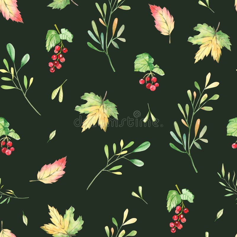 Watercolor seamless pattern autumn, fall ornament with leaves, branches and barries. Greenery floral on dark background for wedd royalty free illustration Watercolor seamless pattern autumn, fall ornament with leaves, branches and barries. Greenery floral on dark background for wedd royalty free illustration