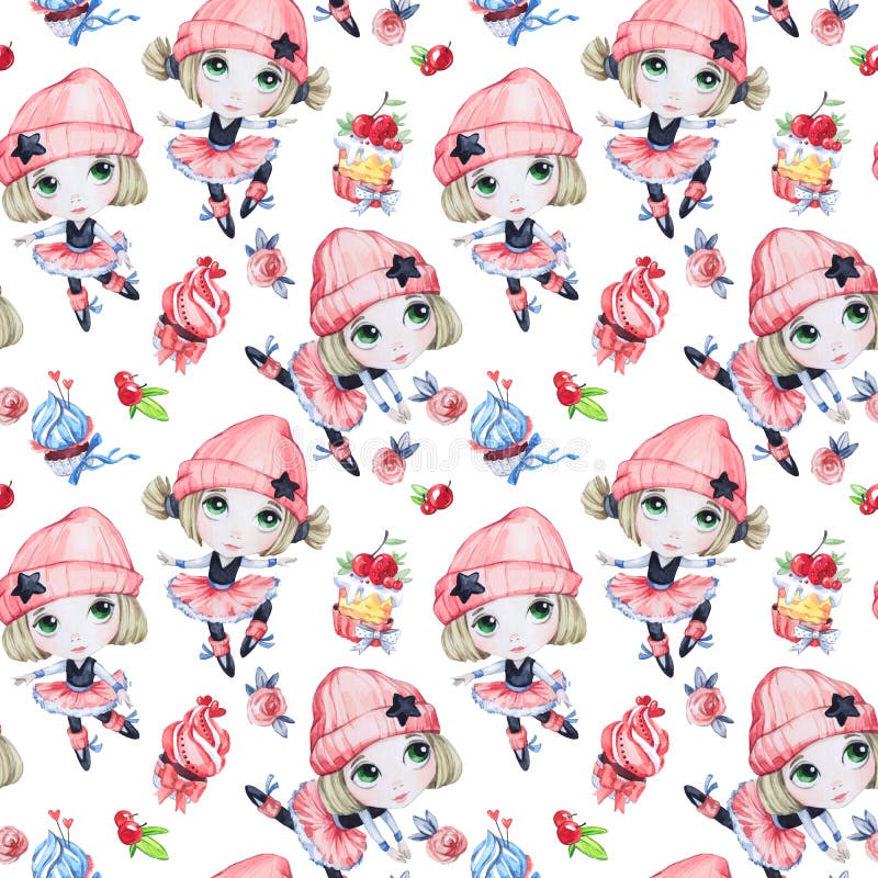 Watercolor seamless pattern. Ballet girls with sweet cakes. Dancing princesses. Teenager. Celebration birthday party royalty free illustration Watercolor seamless pattern. Ballet girls with sweet cakes. Dancing princesses. Teenager. Celebration birthday party royalty free illustration