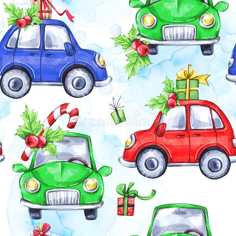Watercolor seamless pattern with cartoon holidays cars and gifts. New Year. Celebration illustration. Merry Christmas. stock illustration Watercolor seamless pattern with cartoon holidays cars and gifts. New Year. Celebration illustration. Merry Christmas. stock illustration