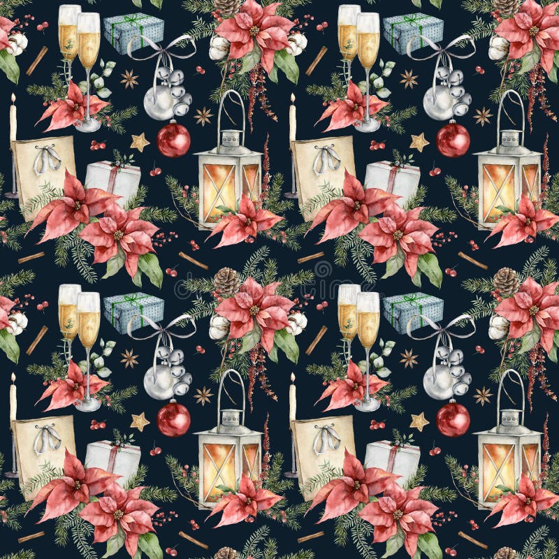 Watercolor seamless pattern of Christmas symbols. Hand painted holiday illustration of lantern, poinsettia, gift boxes and bells isolated on black background. For design, print, fabric or background