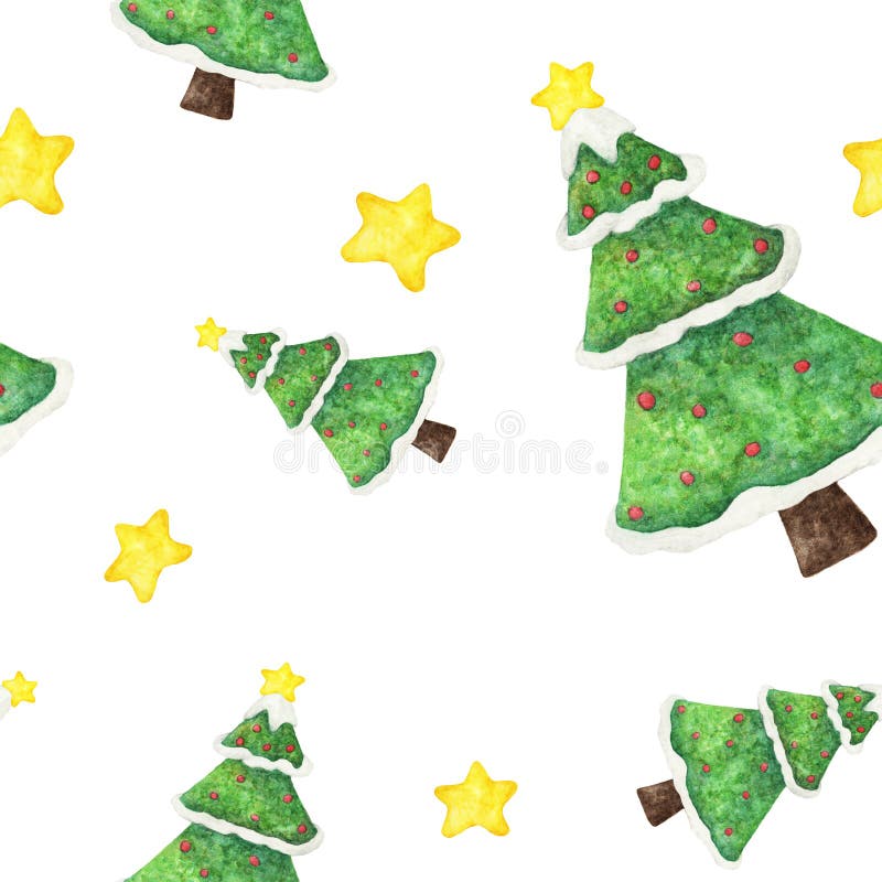 Watercolor Seamless Pattern with Christmas Tree, Snow and Stars. Stock
