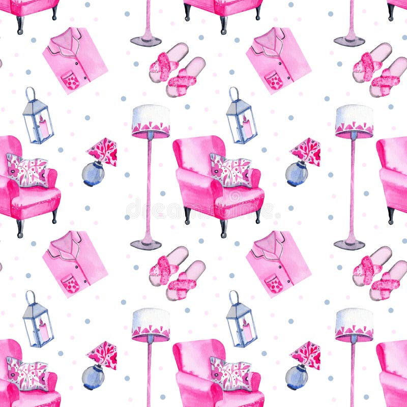 Watercolor seamless pattern with cozy home elements vector illustration