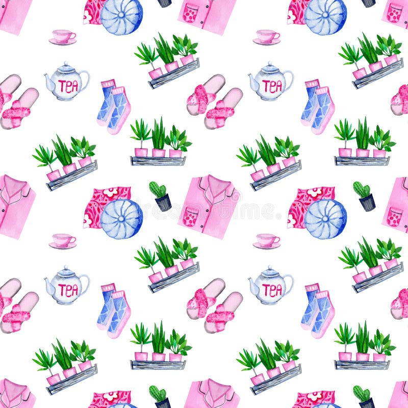 Watercolor seamless pattern with cozy home elements royalty free illustration