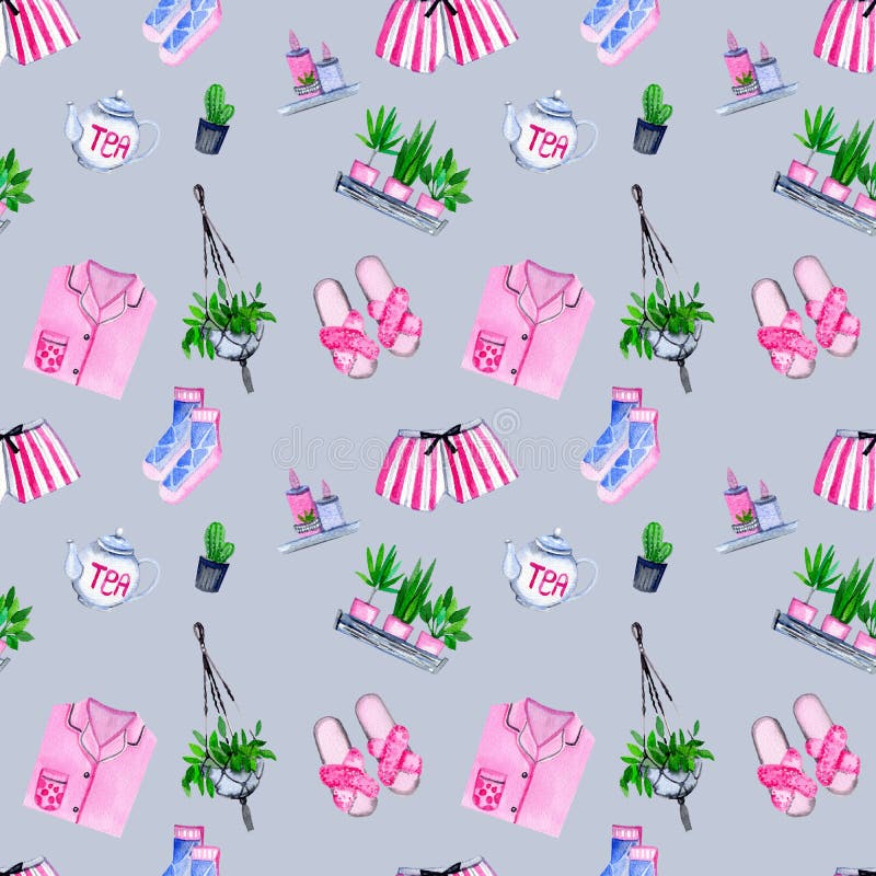 Watercolor seamless pattern with cozy home elements stock illustration