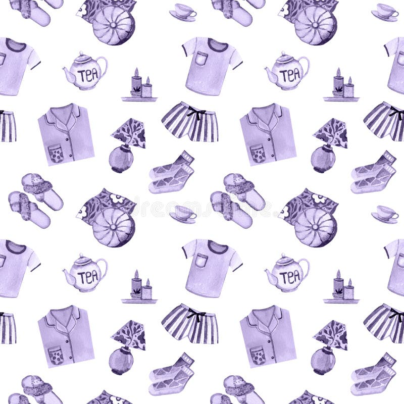 Watercolor seamless pattern with cozy home elements stock illustration